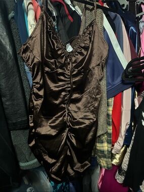 Divided Satin Mini Dress in Brown